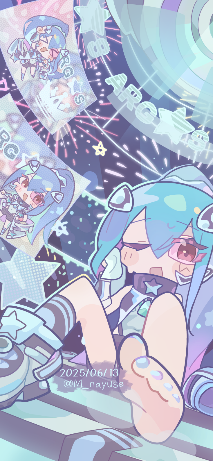 >_<, 1girl, ankle_socks, argostars_-_glorious_adra, arm_up, arm_warmers, artist_name, audience