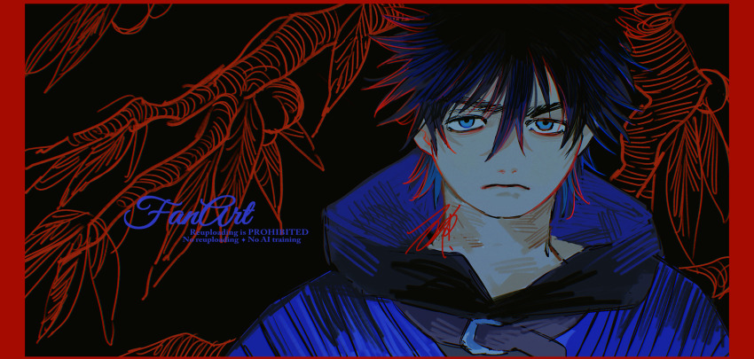 1boy, azisaiharumaki56, belt, black_hair, blue_eyes, blue_shirt, border, branch