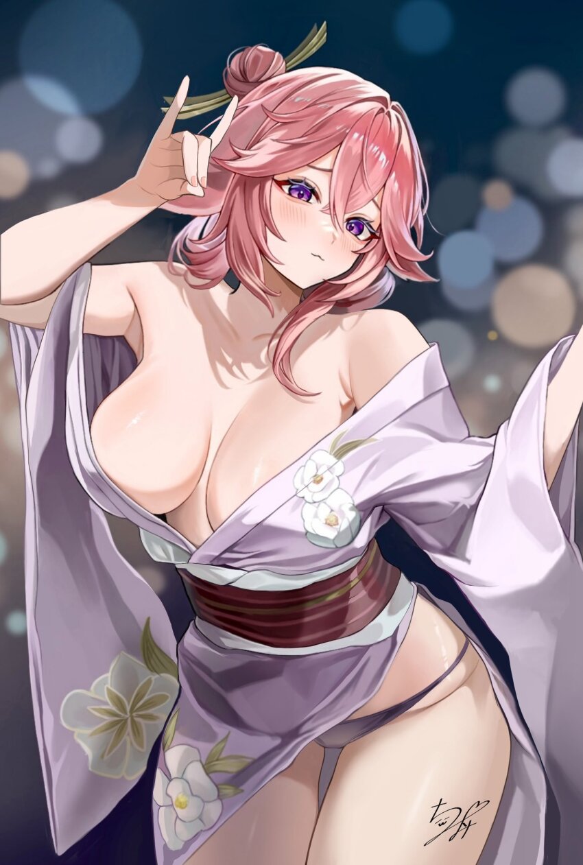 1girl, alternate_costume, animal_ears, bare_shoulders, blurry, blurry_background, blush, breasts