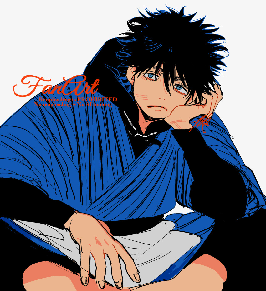 1boy, azisaiharumaki56, black_hair, blue_eyes, commentary_request, dekin_no_mogura, fingernails, frown