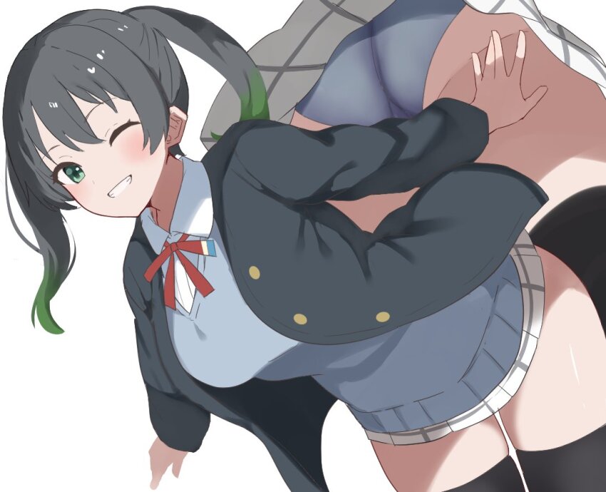 1girl, ;d, ass, bent_over, black_hair, black_jacket, black_thighhighs, blush