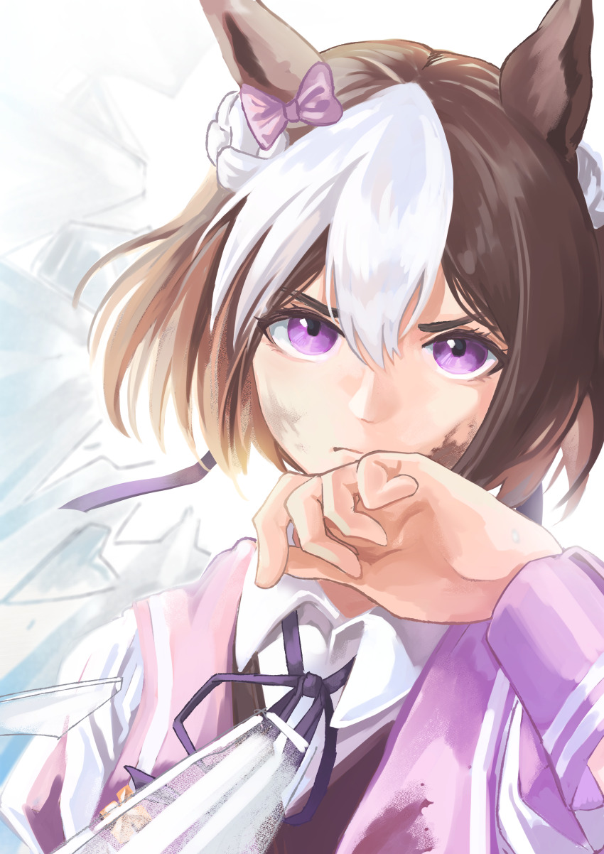 1girl, absurdres, animal_ears, bow, braid, broken_glass, brown_hair, closed_mouth