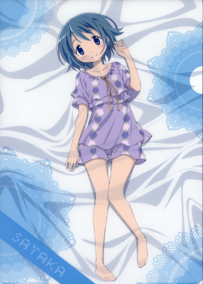 1girl, absurdres, argyle_clothes, bed_sheet, blue_eyes, blue_hair, character_name, full_body