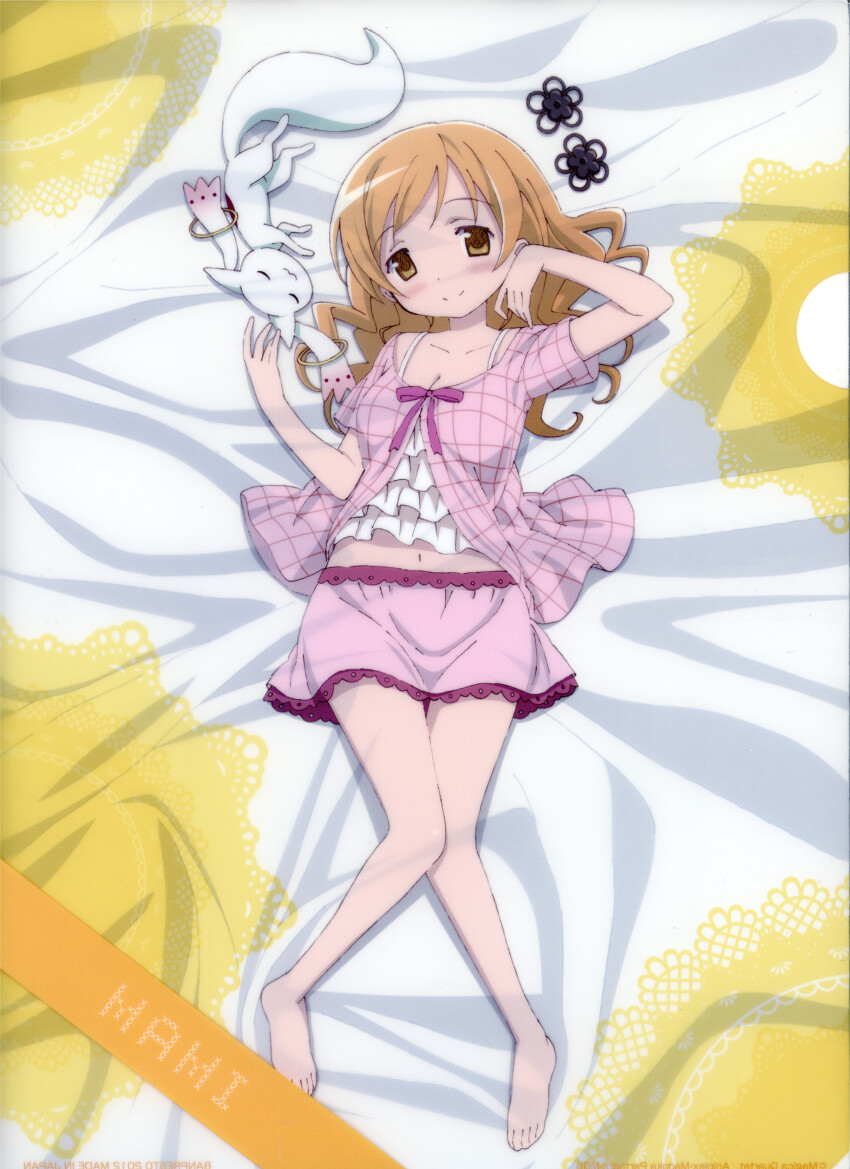 1girl, :3, absurdres, bed_sheet, blonde_hair, character_name, full_body, hair_down