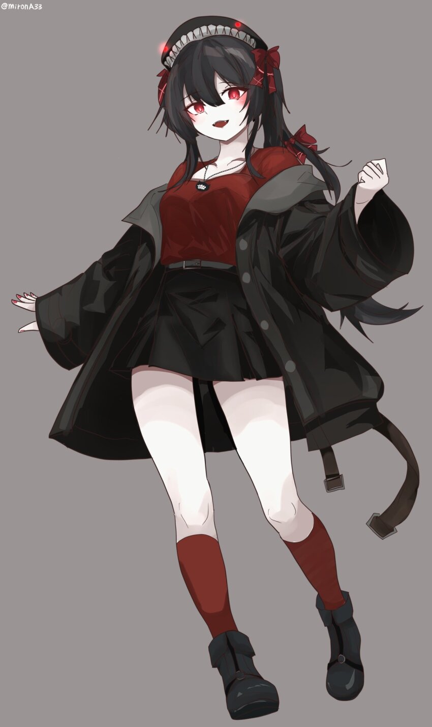 abyssal_ship, black_hair, black_jacket, black_shoes, black_skirt, bow, colored_skin, commentary_request, full_body, glowing, glowing_eyes, grey_background, hair_between_eyes, hair_bow, highres, jacket, kantai_collection, long_hair, looking_at_viewer, miron_(mirona33), off-shoulder_jacket, off_shoulder, official_alternate_costume, open_clothes, open_jacket, open_mouth, pale_skin, ra-class_destroyer, ra-class_destroyer_(yokosuka), ra-class_destroyer_gamma, red_bow, red_eyes, red_shirt, red_socks, shirt, shoes, simple_background, skirt, socks, white_skin