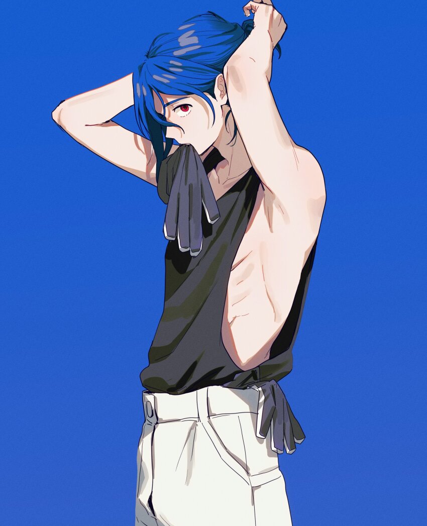 1boy, absurdres, arms_up, black_gloves, black_tank_top, blue_background, blue_hair, collarbone