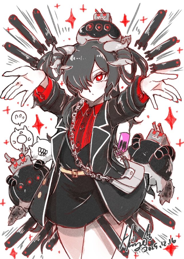 1girl, abyssal_ship, bag, black_dress, black_jacket, colored_skin, commentary_request, cowboy_shot