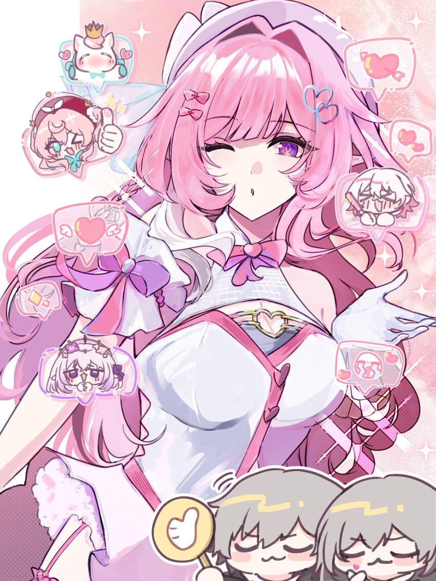 >_<, 1boy, 3vvv3, 5girls, ;o, absurdres, alternate_costume, arrow_through_heart, beret, breasts, caelus_(honkai:_star_rail), castorice_(honkai:_star_rail), commentary, crying_emoji, cyrene_(demiurge)_(honkai:_star_rail), cyrene_(honkai:_star_rail), diamond-shaped_pupils, diamond_(shape), dress, dual_persona, emoji, glowstick, grey_hair, hat, heart, highres, holding, holding_glowstick, honkai:_star_rail, honkai_(series), hyacine_(honkai:_star_rail), large_breasts, little_ica_(honkai:_star_rail), march_7th_(honkai:_star_rail), multiple_girls, one_eye_closed, pegasus, pink_hair, pointy_ears, purple_eyes, spoken_heart, stelle_(honkai:_star_rail), untranslatable_commentary, symbol-shaped_pupils, thumbs_up, trailblazer_(honkai:_star_rail), white_dress