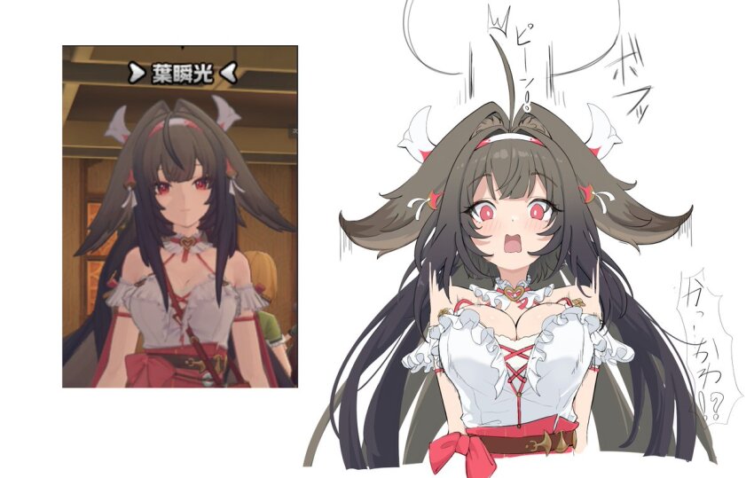 1girl, ahoge, animal_ears, bow, breasts, cleavage, commentary, criss-cross_straps