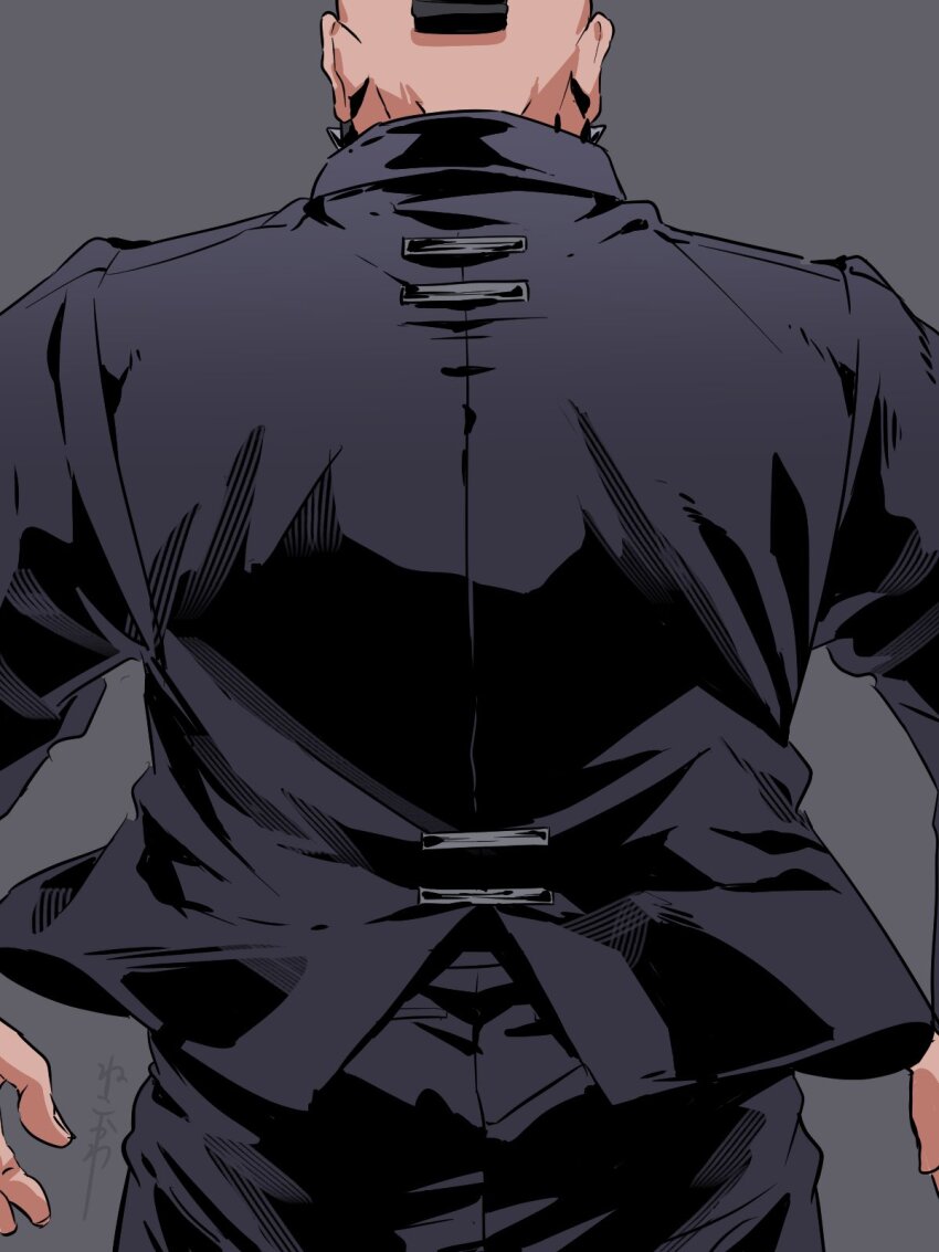 1boy, black_hair, black_pants, collared_jacket, cowboy_shot, facial_hair, from_behind, grey_background