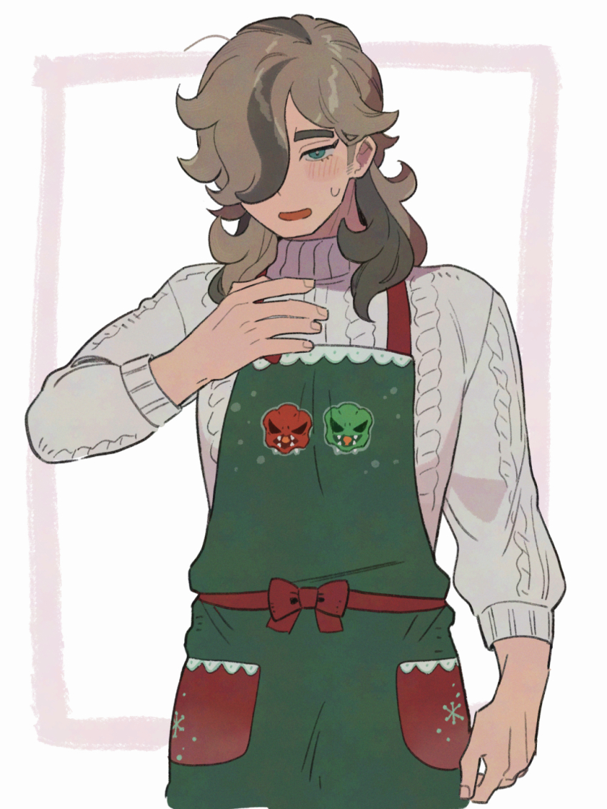 1boy, 5ba_(gobaru5baru), apron, arm_up, arven_(holiday_2025)_(pokemon), arven_(pokemon), blue_eyes, blush