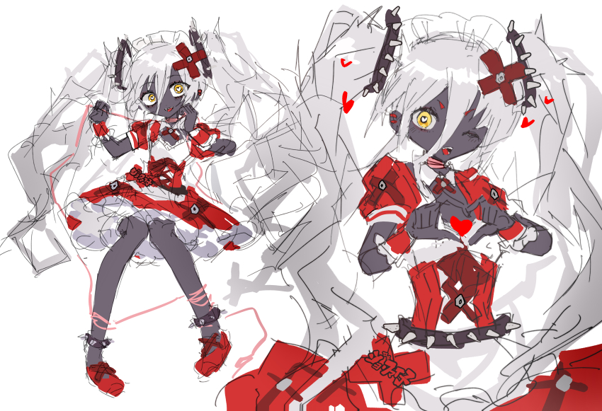 1girl, absurdres, apron, black_skin, colored_skin, commentary_request, dress, grey_hair