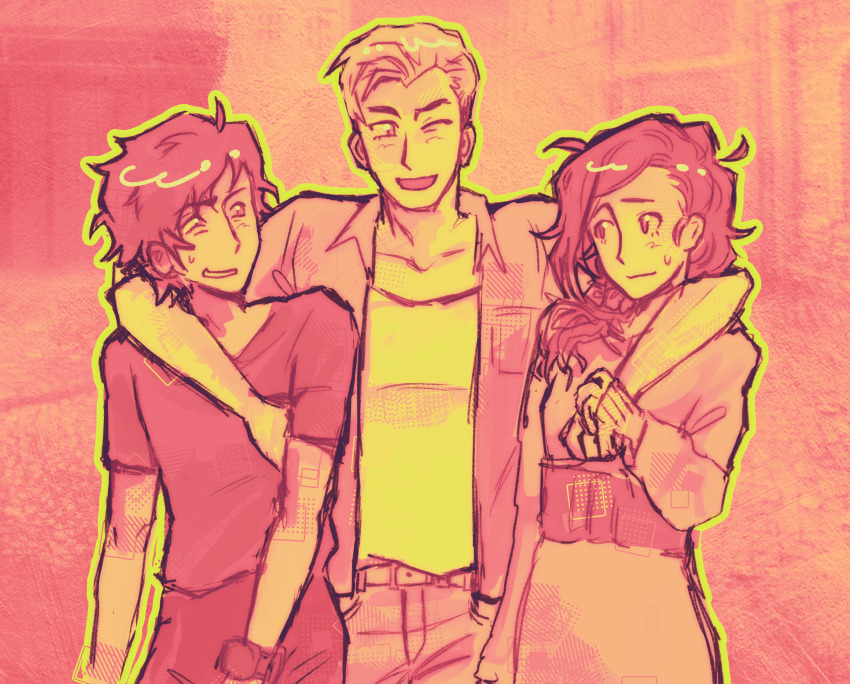 1girl, 2boys, arm_around_shoulder, carlos_(kyokugen_dasshutsu), closed_mouth, collarbone, commentary, dress