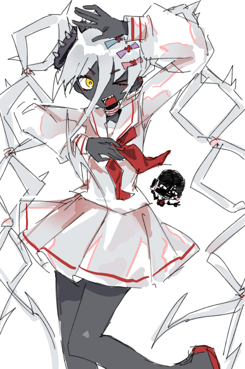 1girl, 1other, absurdres, black_skin, chouzetsusaikawa_tenshi-chan, chouzetsusaikawa_tenshi-chan_(cosplay), colored_skin, commentary_request