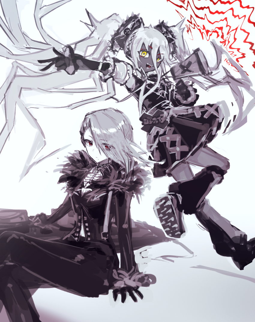 2girls, absurdres, apron, black_skin, character_request, colored_skin, commentary_request, dress