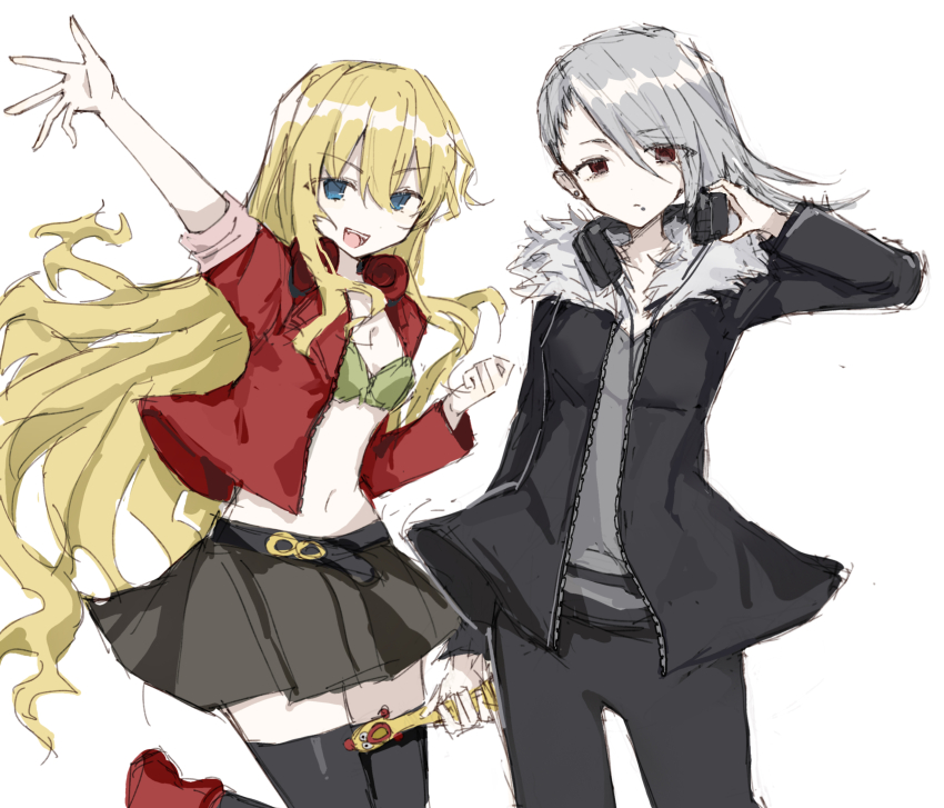 2girls, absurdres, androgynous, black_jacket, black_pants, black_skirt, black_thighhighs, blonde_hair