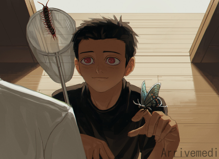 2boys, aged_down, artist_name, asteris-kitsy, black_hair, black_shirt, bug, butterfly