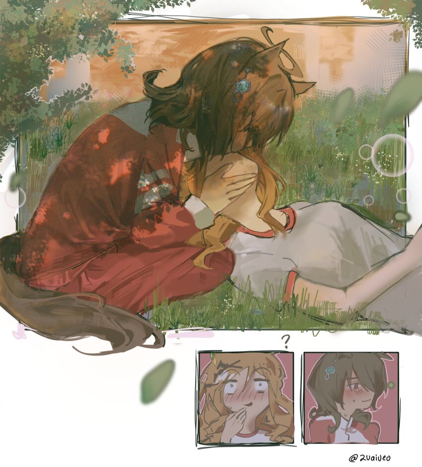 2girls, agnes_tachyon_(umamusume), ahoge, animal_ears, blush, breasts, brown_hair, chemical_structure