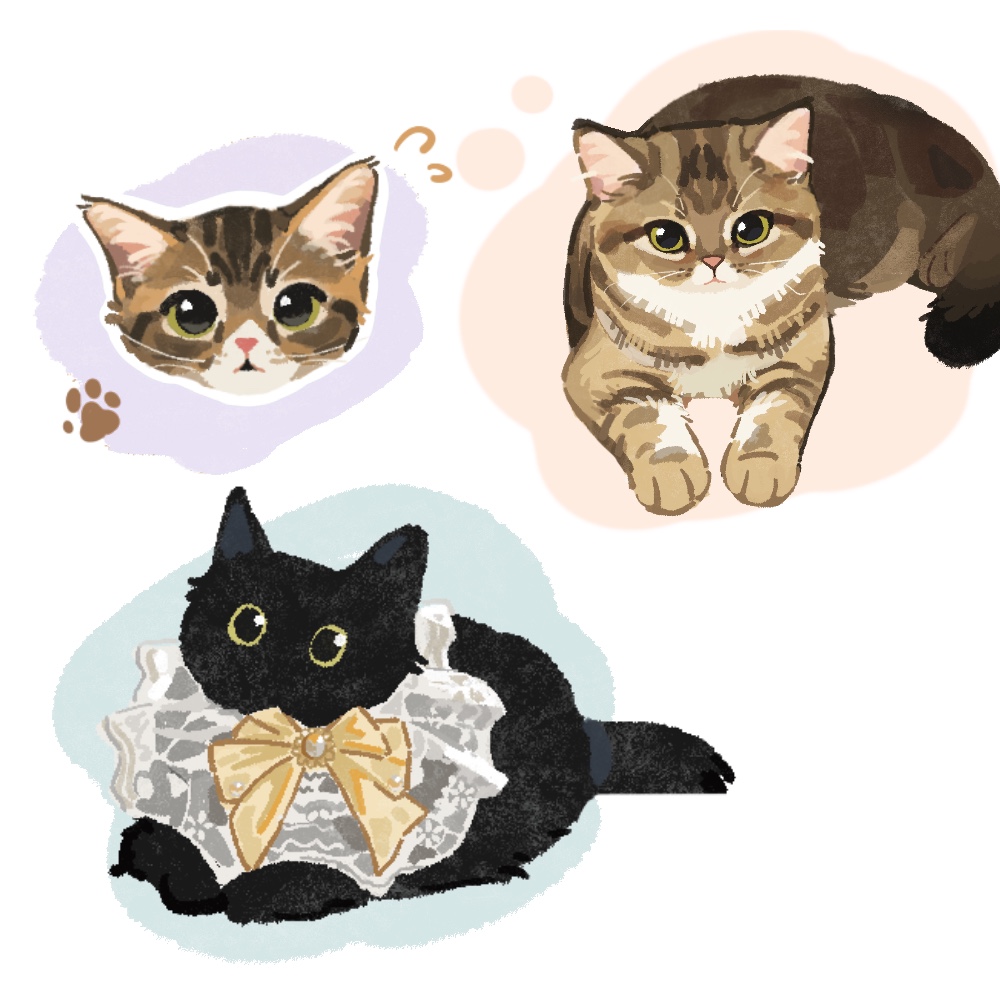 animal, animal_focus, black_cat, bow, brown_cat, cat, clothed_animal, commission, cropped_head, dilated_pupils, green_eyes, lace, looking_at_viewer, no_humans, original, paw_print, simple_background, sitting, tabby_cat, torbie_cat, tortoiseshell_cat, xiao_bo_kuai_kuai, yellow_bow, yellow_eyes