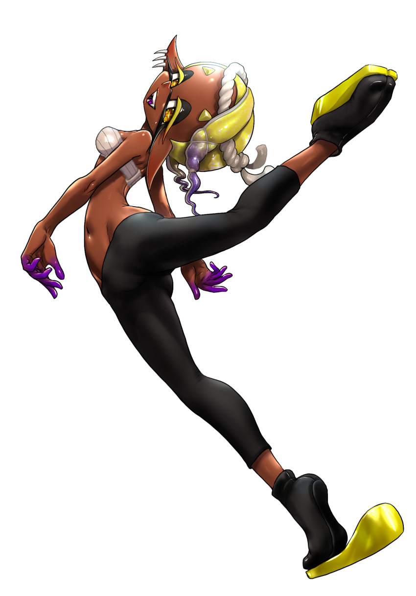 1girl, attitude_derriere, backbend, black_leggings, blonde_hair, breasts, cameltoe, chest_sarashi, colored_eyelashes, colored_inner_hair, commentary_request, dark-skinned_female, dark_skin, from_below, frye_(splatoon), full_body, gradient_hair, groin, highres, jika-tabi, koharu2.5, leg_lift, leggings, long_pointy_ears, looking_at_viewer, lowleg, lowleg_pants, medium_breasts, multicolored_hair, navel, nintendo, open_mouth, pants, pointy_ears, purple_hair, sarashi, smile, solo, splatoon_(series), standing, standing_on_one_leg, star-shaped_pupils, star_(symbol), symbol-shaped_pupils, tentacle_hair, tiptoes, yellow_eyes, yellow_pupils