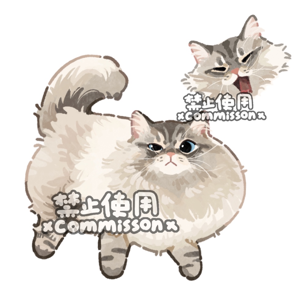 animal, animal_focus, blue_eyes, cat, closed_eyes, colorpoint_(pattern), commission, cropped_head, fat, fluffy, full_body, grey_cat, looking_at_viewer, lying, lynx_point, multiple_views, no_humans, open_mouth, original, siberian_forest_cat, simple_background, solo, tabby_cat, watermark, white_background, xiao_bo_kuai_kuai, yawning