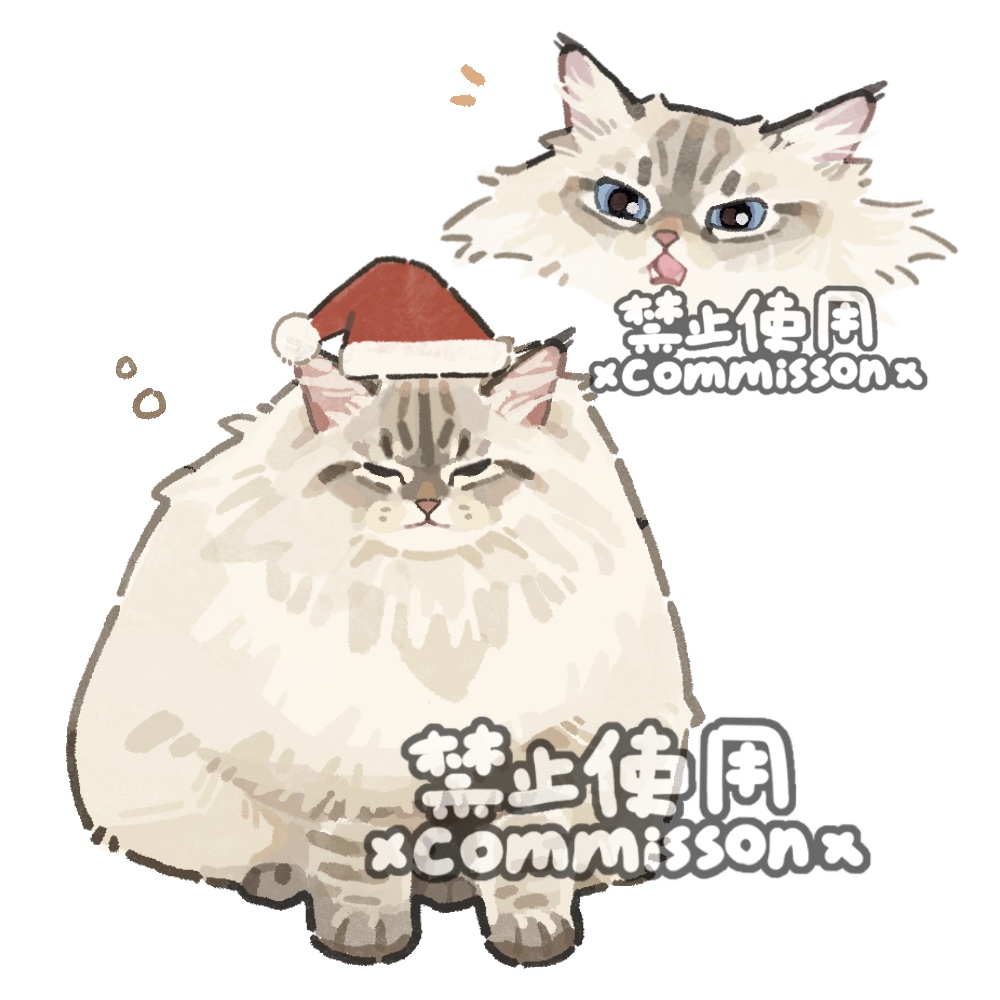animal, animal_focus, blue_eyes, cat, christmas, clothed_animal, colorpoint_(pattern), commission, cropped_head, fat, fluffy, full_body, grey_cat, hat, lynx_point, multiple_views, no_humans, open_mouth, original, red_hat, santa_hat, siberian_forest_cat, simple_background, sitting, solo_focus, tabby_cat, watermark, white_background, xiao_bo_kuai_kuai