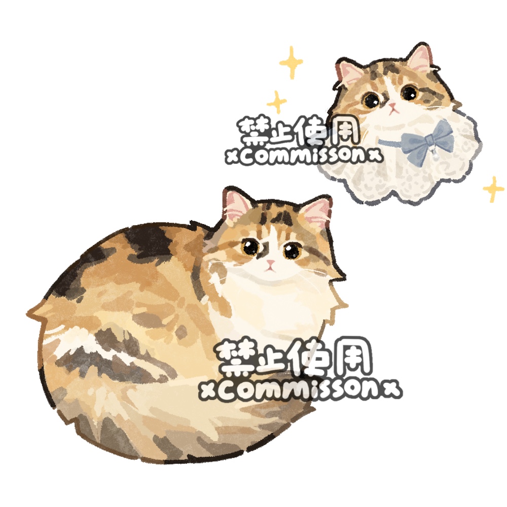 animal, animal_focus, blue_bow, blue_bowtie, bow, bowtie, cat, collar, commission, cropped_head, curled_up, fluffy, full_body, lace_collar, looking_at_viewer, lying, multiple_views, no_humans, on_side, original, simple_background, solo_focus, sparkle, tortico_cat, tortoiseshell_cat, watermark, white_background, white_collar, xiao_bo_kuai_kuai, yellow_eyes