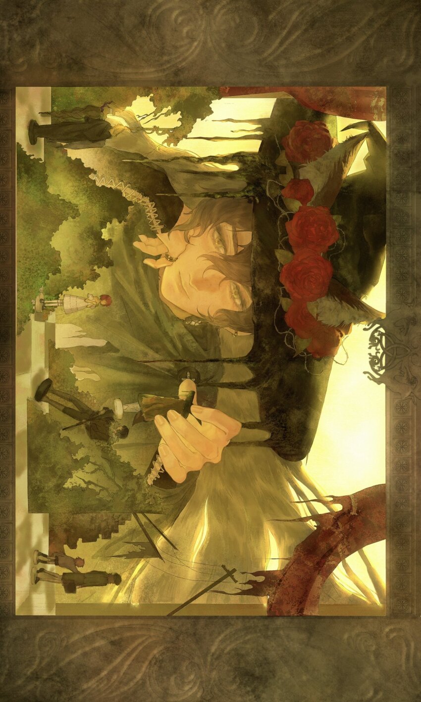 1boy, abandoned, animal_ears, black_cloak, black_hat, black_sleeves, border, brown_hair