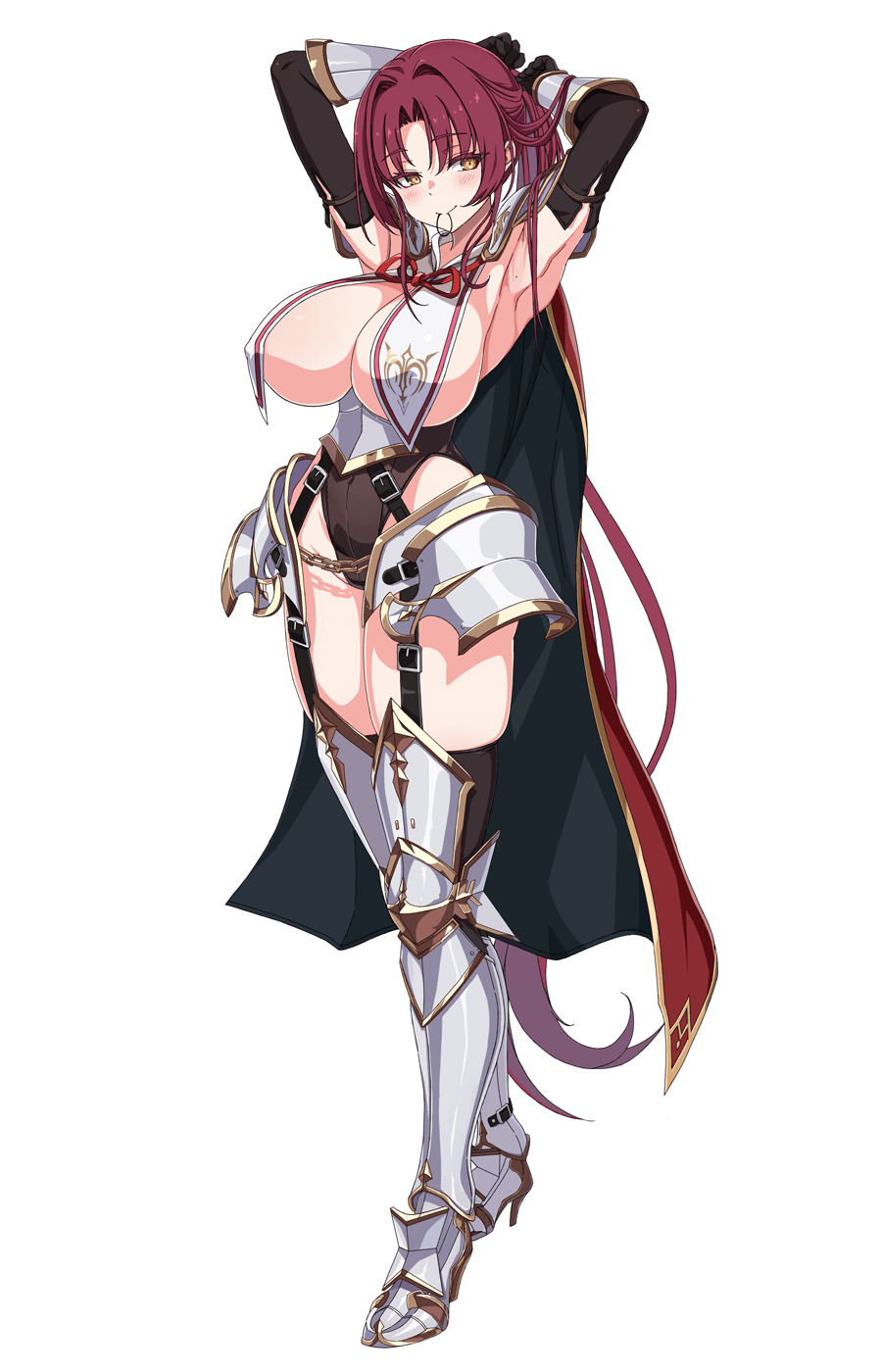 1girl, armor, armpits, arms_behind_head, arms_up, blush, breast_curtains, breasts