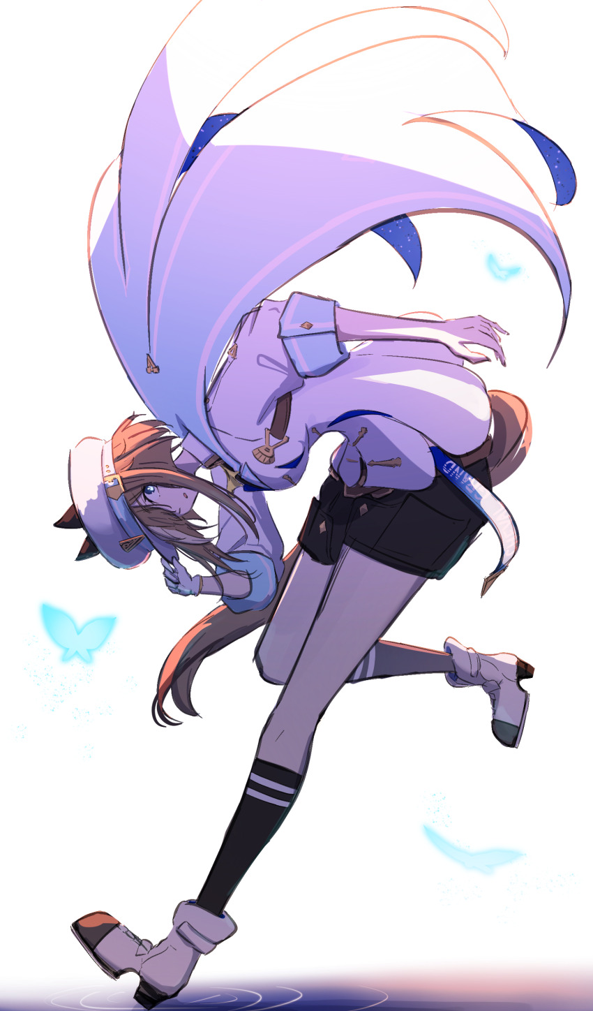 1girl, absurdres, animal_ears, ascot, black_shorts, blue_cape, blue_eyes, breasts