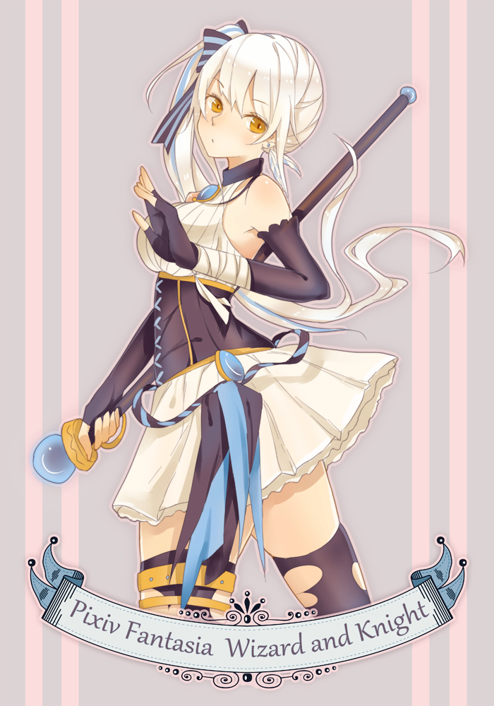 1girl, armpits, bad_id, bad_pixiv_id, bandages, bare_shoulders, belt, black_thighhighs