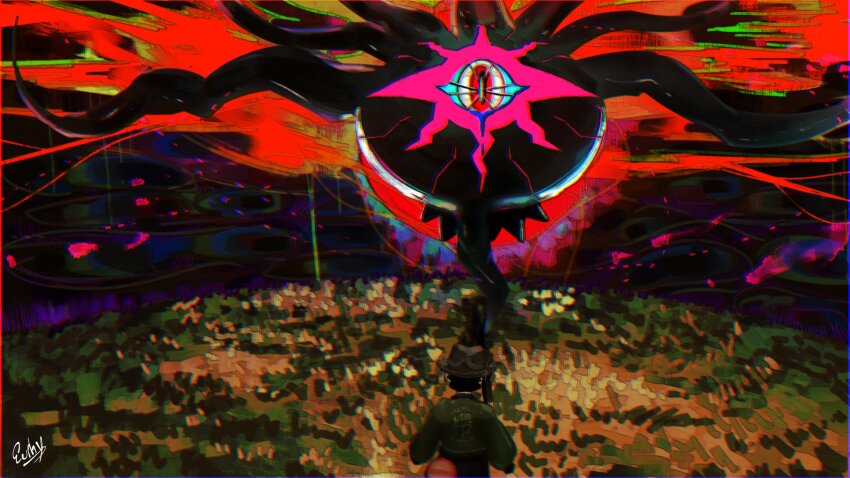 1boy, black_hair, black_hat, colored_sclera, commentary, darkrai, english_commentary, euphythefox, floating, gen_4_pokemon, green_jacket, hat, highres, jacket, legendary_pokemon, long_sleeves, looking_at_viewer, mega_darkrai, mega_pokemon, mythical_pokemon, nintendo, paxton_(pokemon), pokemon, pokemon_(creature), pokemon_focus, pokemon_legends:_z-a, spoilers