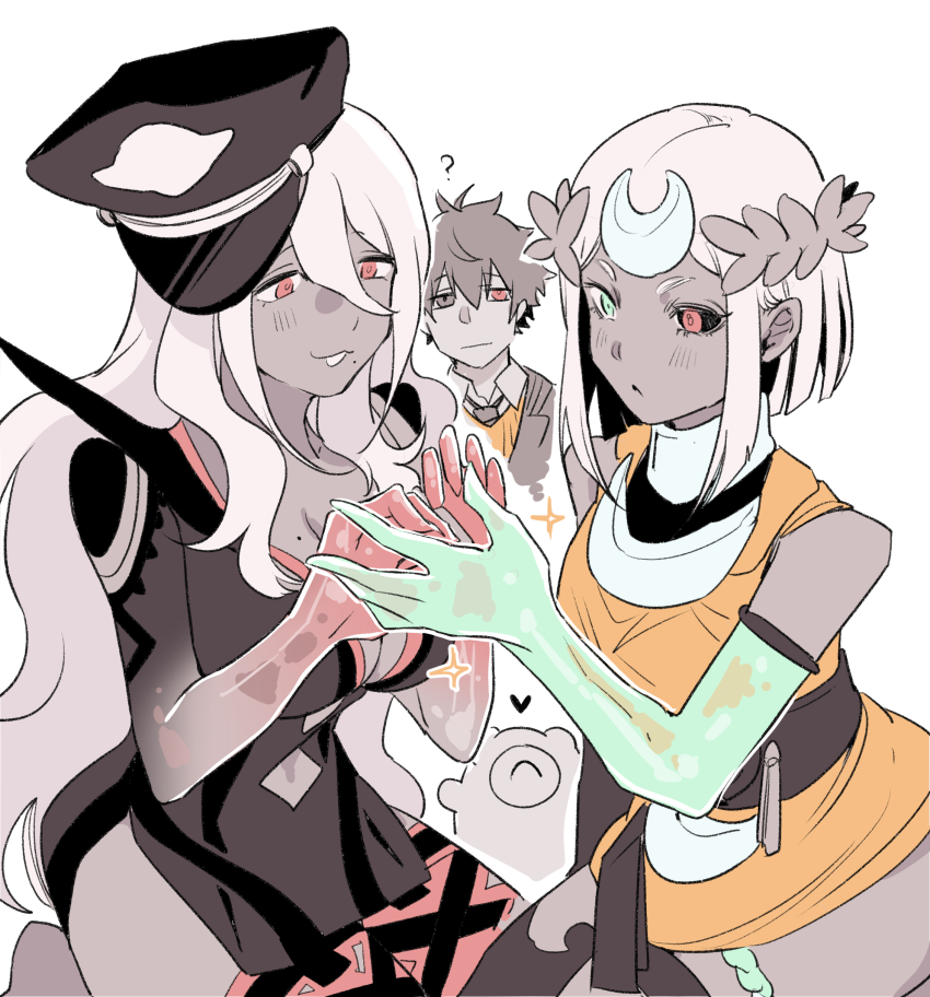 1boy, 2girls, ?, absurdres, ai_the_somnium_files, ai_the_somnium_files:_nirvana_initiative, aiba_(ai_the_somnium_files), ancient_greek_clothes