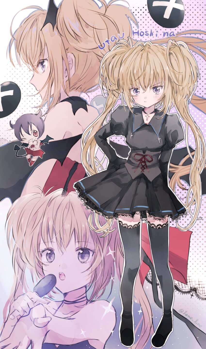 2girls, black_dress, blonde_hair, bob_cut, character_name, commentary_request, corset, dress