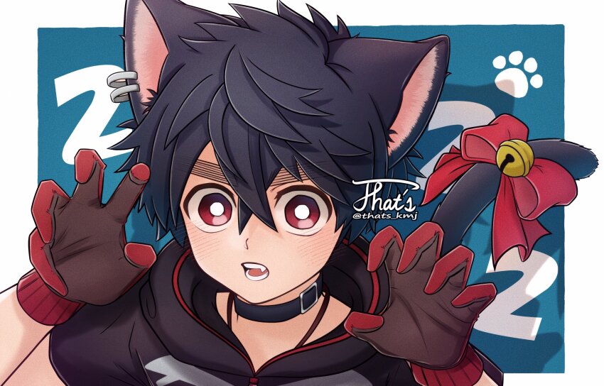 1boy, animal_ears, artist_name, bell, black_hair, border, bow, cat_ears