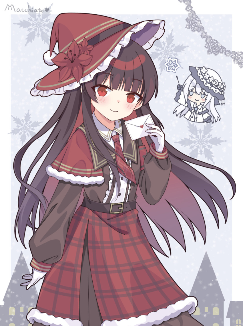 2girls, absurdres, adapted_costume, belt, black_hair, capelet, chibi, chibi_inset