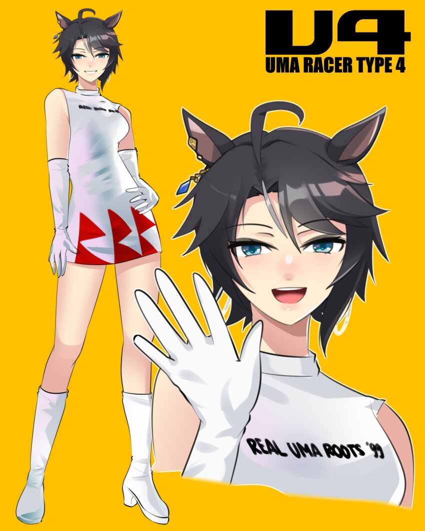 1girl, absurdres, ahoge, alternate_costume, animal_ears, arm_at_side, asymmetrical_bangs, bare_shoulders, black_hair, blush, boots, breasts, clothes_writing, commentary, contrapposto, cosplay, cropped_shoulders, curtained_hair, dress, ear_ornament, elbow_gloves, english_commentary, english_text, fuji_kiseki_(umamusume), full_body, gloves, green_eyes, grey_hair, grin, hand_on_own_hip, hand_up, high_heel_boots, high_heels, highres, holeecrab, horse_ears, horse_girl, knee_boots, legs_apart, looking_at_viewer, medium_breasts, microdress, multicolored_hair, multiple_views, nagase_reiko, nagase_reiko_(cosplay), nose_blush, open_mouth, parted_bangs, pencil_dress, ridge_racer, short_hair, simple_background, sleeveless, sleeveless_dress, smile, solo, standing, streaked_hair, teeth, thighs, turtleneck, turtleneck_dress, two-tone_hair, umamusume, upper_teeth_only, waving, white_boots, white_dress, white_gloves, yellow_background
