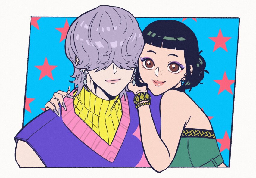 1boy, 1girl, black_hair, blue_background, border, bracelet, brown_eyes, commentary_request