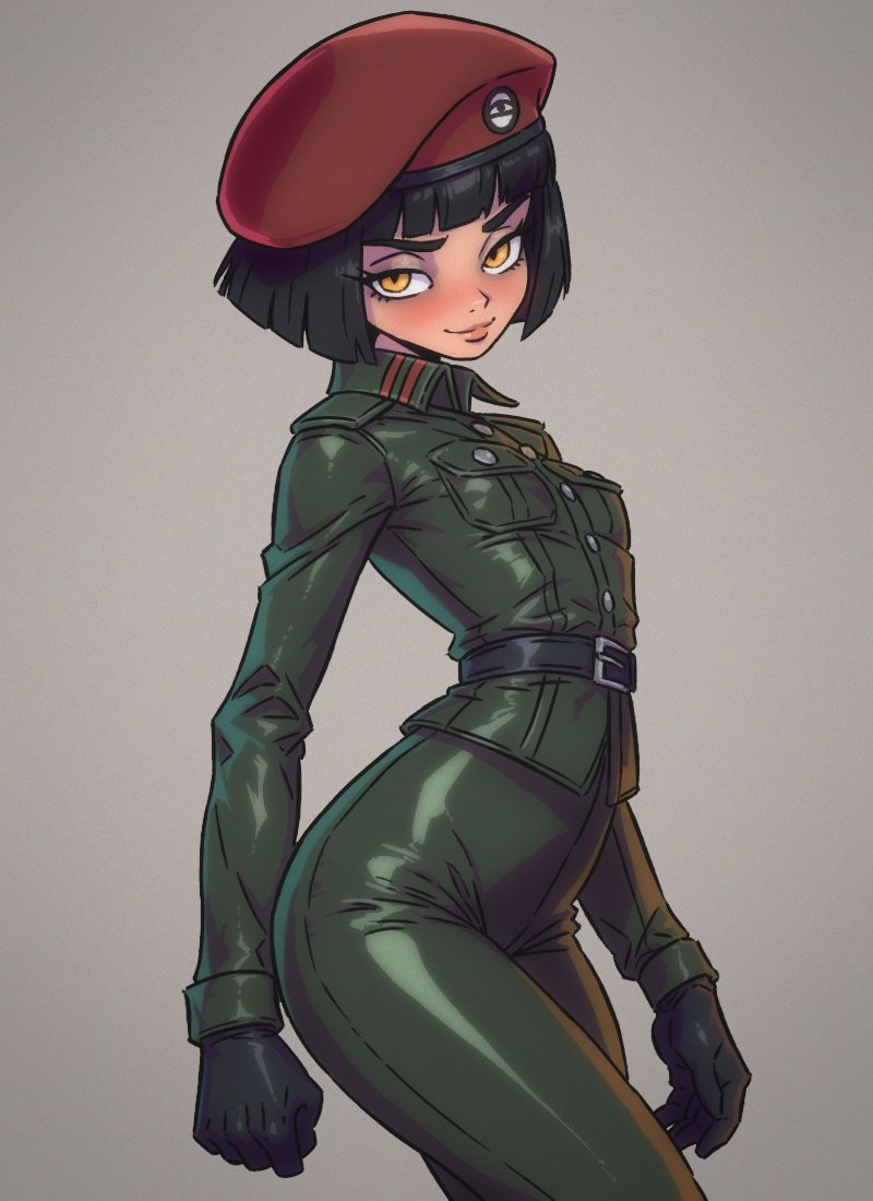 1girl, arched_back, high-waist_belt, beret, black_gloves, black_hair, blunt_bangs, blunt_ends, bob_cut, borrowed_character, breasts, commentary, cowboy_shot, csaurageul, english_commentary, fulgora_(polilla), gift_art, gloves, green_jacket, green_pants, grey_background, hat, insignia, jacket, looking_at_viewer, military_jacket, military_uniform, orange_eyes, pants, polivia, red_hat, short_hair, small_breasts, smile, solo, standing, tight_clothes, tight_pants, turning_head
