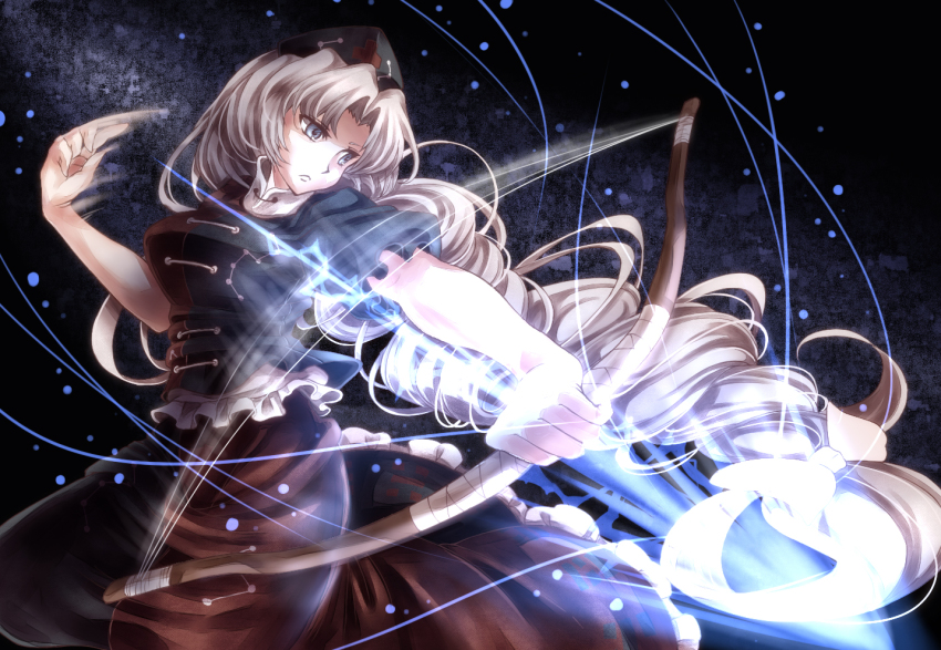 1girl, arrow_(projectile), blue_eyes, bow_(weapon), braid, female_focus, frilled_skirt, frills