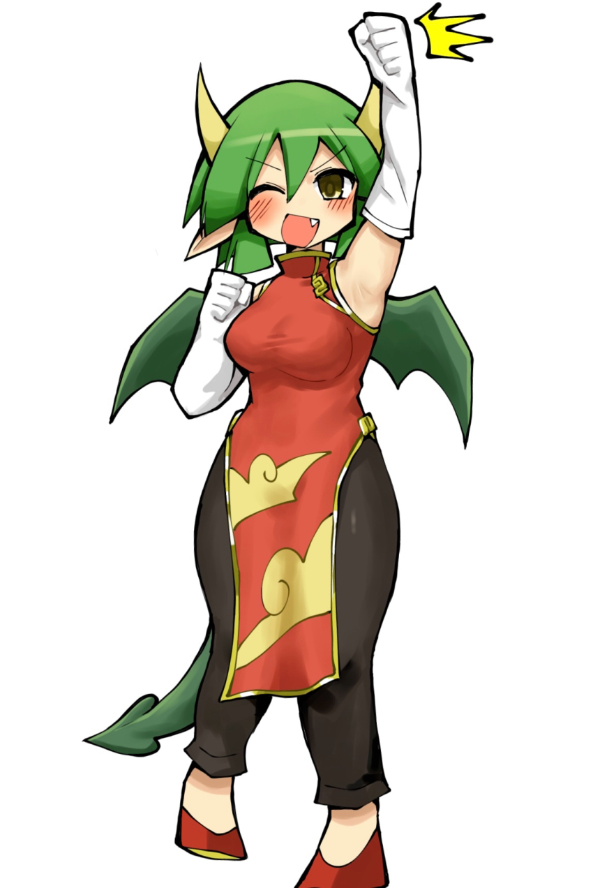 1girl, ^^^, black_pants, blush, breasts, china_dress, chinese_clothes, clenched_hands