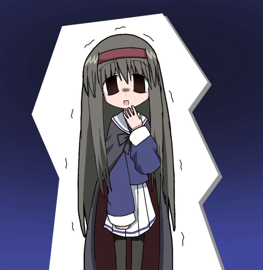 1girl, 2000s_(style), black_hair, black_pantyhose, buchou, cape, empty_eyes, highres