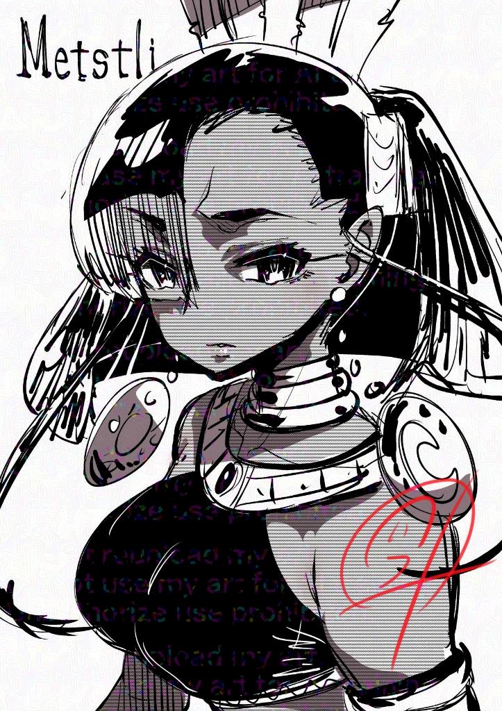 1girl, bare_shoulders, black_hair, blunt_bangs, character_name, crescent, dark-skinned_female, dark_skin