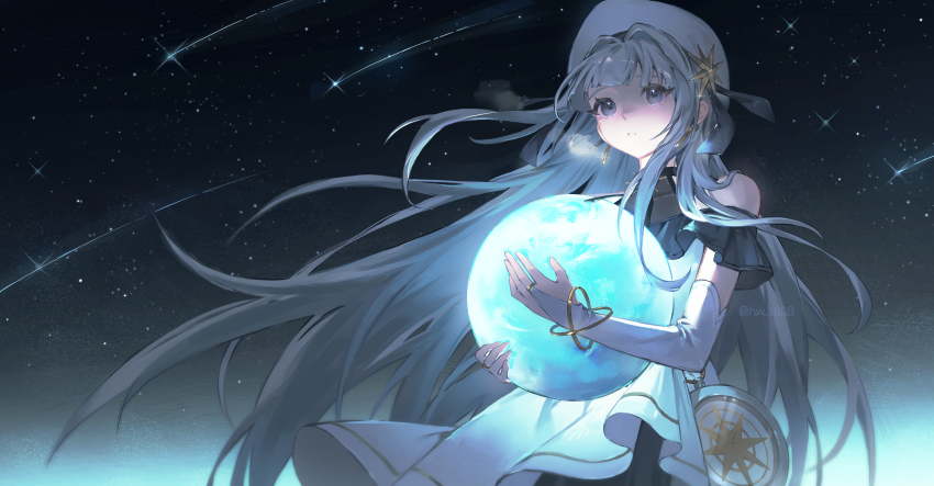 1girl, absurdres, bare_shoulders, beret, blue_eyes, blunt_bangs, bracelet, breath