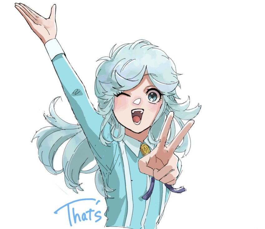 1boy, androgynous, arm_up, blue_eyes, blue_hair, bolo_tie, commentary_request, eyelashes, highres, iwakiyamayukisatoshironanogojuurokushi_akira, kemono_jihen, long_hair, long_sleeves, male_focus, one_eye_closed, open_mouth, phina, shirt, signature, solo, suspenders, upper_body, v, white_background