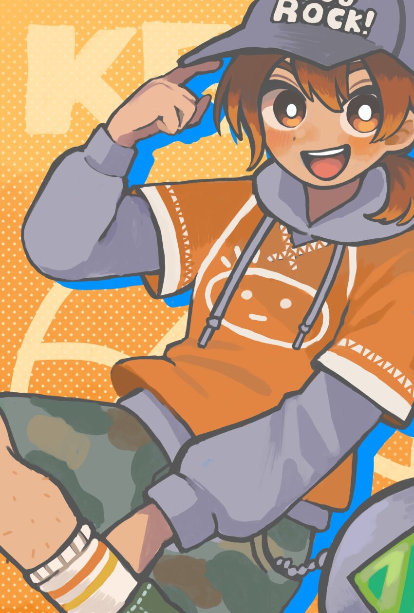1boy, 720m_orange, adjusting_clothes, adjusting_headwear, alternate_eye_color, arm_up, baseball_cap, blush