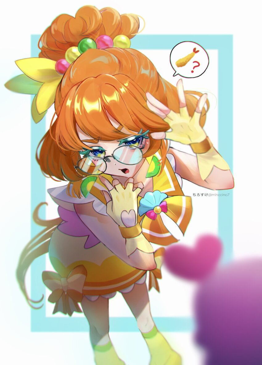 1girl, artist_name, black-framed_eyewear, blurry, blurry_foreground, bow, clothing_cutout, colored_eyelashes