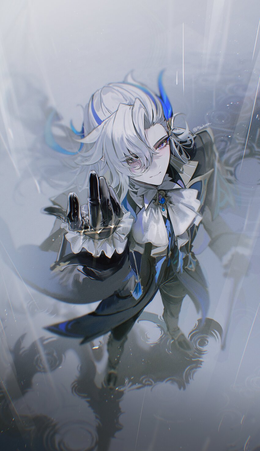 1boy, 9boksen, absurdres, black_gloves, genshin_impact, gloves, hand_up, hashtag-only_commentary