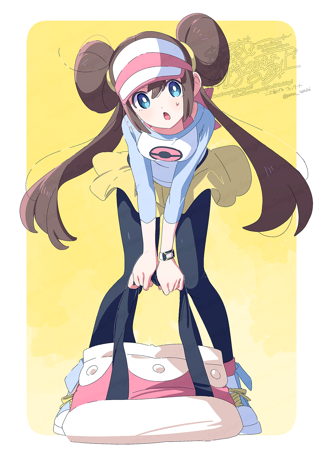 1girl, bag, black_pantyhose, blue_eyes, blush, breasts, brown_hair, donut_hair_bun
