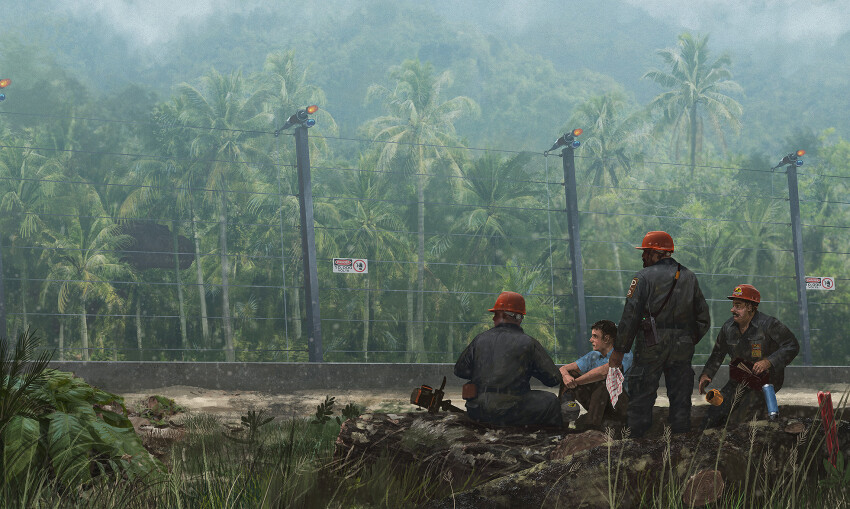 4boys, badge, beacon, blue_shirt, cleaning_rag, cup, dark_skin, disposable_coffee_cup